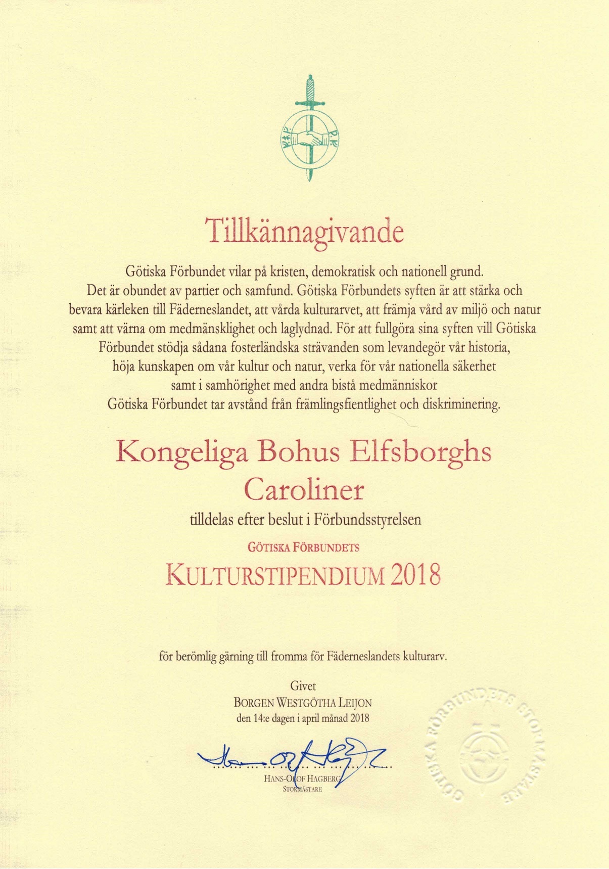 Kulturstipendium tilldelat Kongliga Bohus Elfsborghs Caroliner
